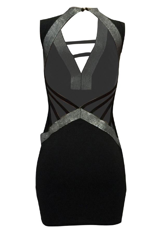 Sexy V Neck Hollow-out Black Polyester Sheath Mini Dress
