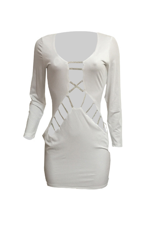  Sexy V Neck Hollow-out White Milk Fiber Sheath Mini Dress