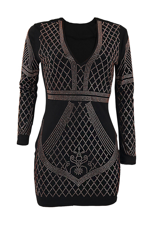  Sexy V Neck Hot Drilling Decorative Black Healthy Fabric Mini Dress