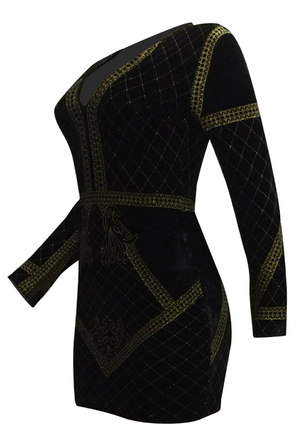  Sexy V Neck Hot Stamping Craft Gold Velvet Sheath Mini Dress