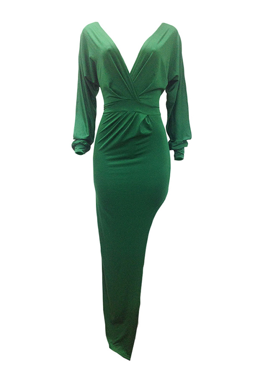  Sexy V Neck Irregular Patchwork Green Milk Fiber Floor Length Dress