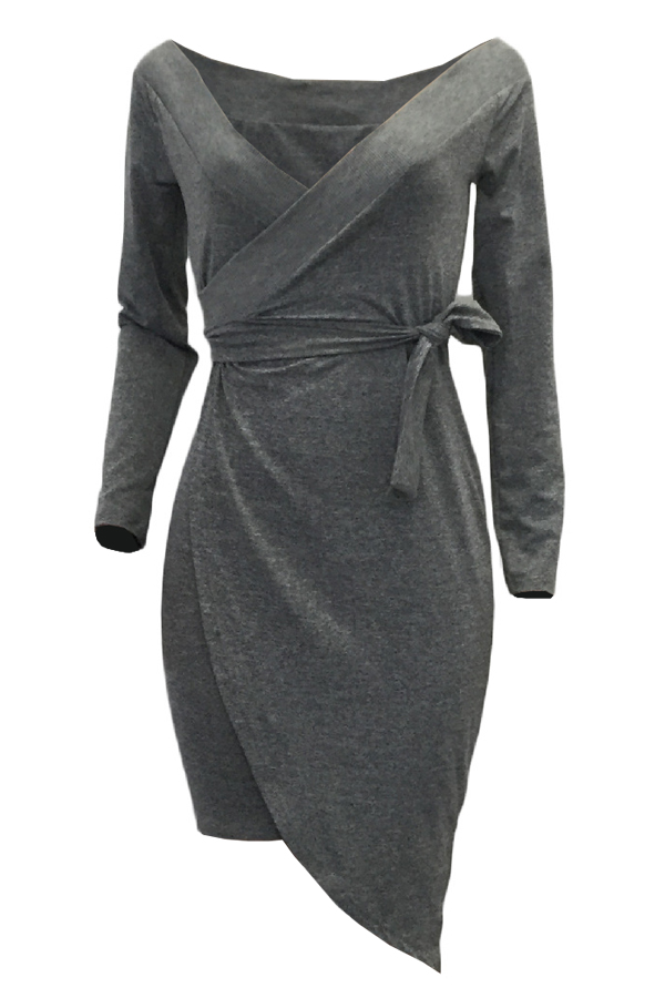  Sexy V Neck Lace-up Asymmetrical Grey Cotton Knee Length Dress