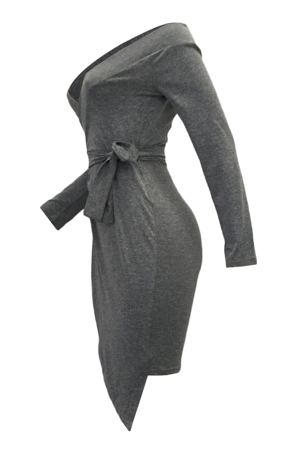  Sexy V Neck Lace-up Asymmetrical Grey Cotton Knee Length Dress