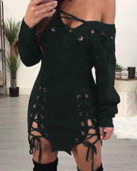  Sexy V Neck Lace-up Hollow-out Green Polyester Mini Dress
