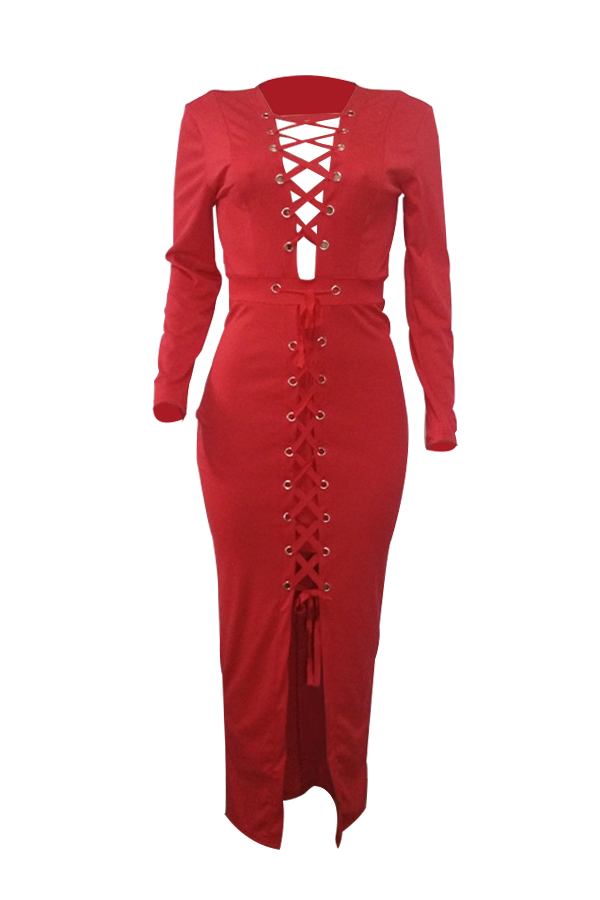  Sexy V Neck Lace-up Hollow-out Red Polyester Ankle Length Dress