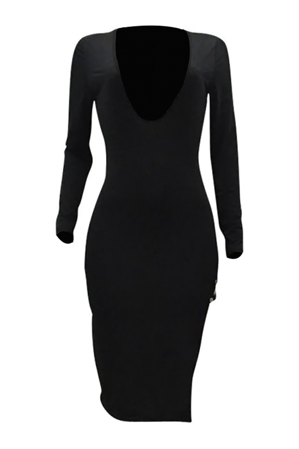  Sexy V Neck  Side Slit Hollow-out Black Milk Fiber Mid Calf Dress