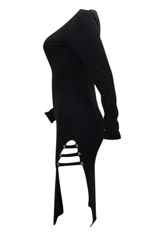  Sexy V Neck  Side Slit Hollow-out Black Milk Fiber Mid Calf Dress