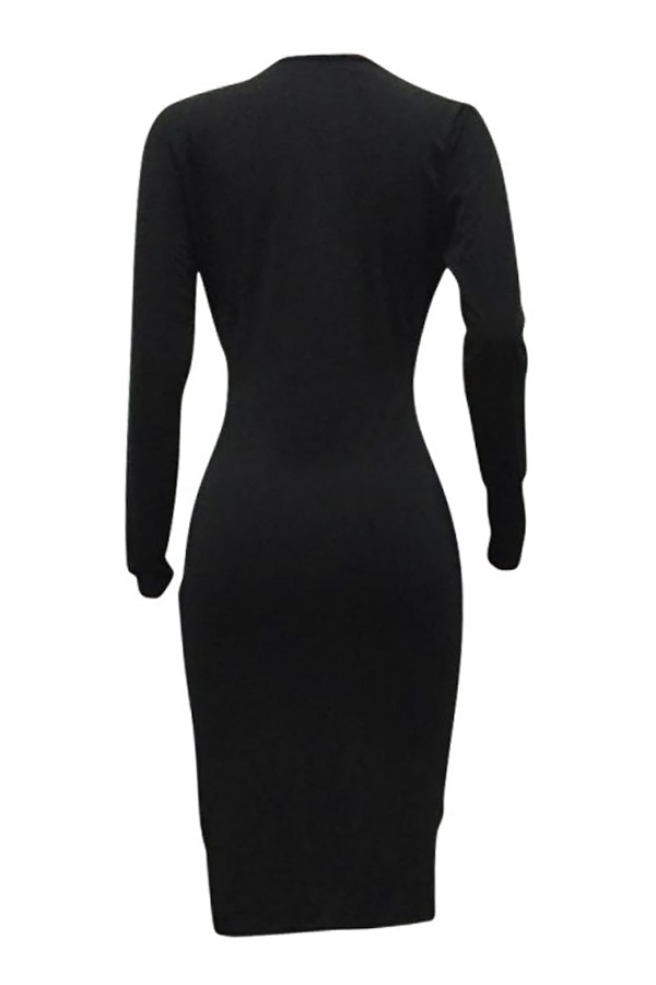  Sexy V Neck  Side Slit Hollow-out Black Milk Fiber Mid Calf Dress