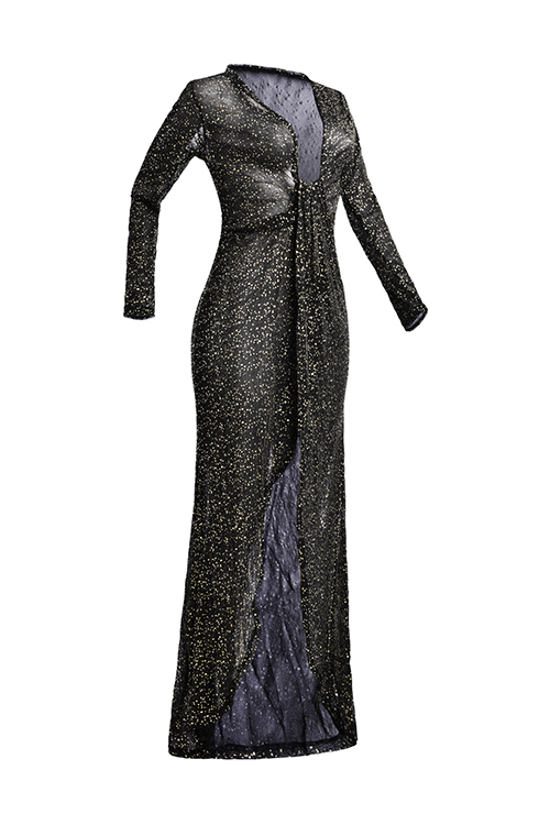  Sexy V Neck Side Slit See-Through Black Polyester Floor Length Dress(Without Briefs)