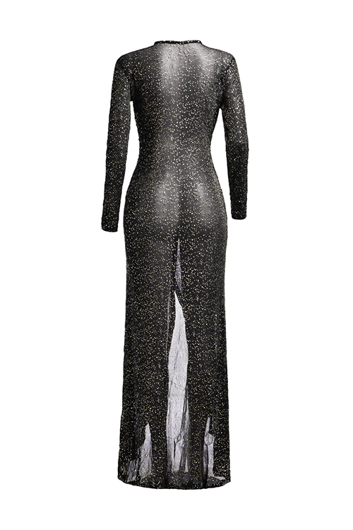  Sexy V Neck Side Slit See-Through Black Polyester Floor Length Dress(Without Briefs)