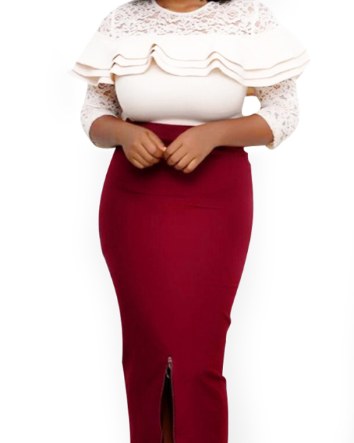 Stylish Falbala Design Wine Red Cotton Blend Sheath Mid Calf Dress Stylish Falbala Design Wine Red Cotton Blend Sheath Mid Calf Dress