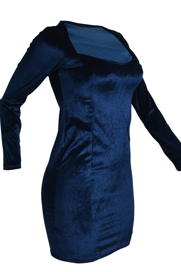  Stylish Long Sleeves Blue Velvet Sheath Mini Dress