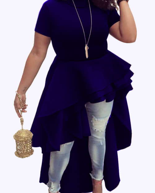 Stylish Mandarin Collar Asymmetrical Falbala Design Blue Polyester Mid Calf Dress Stylish Mandarin Collar Asymmetrical Falbala Design Blue Polyester Mid Calf Dress