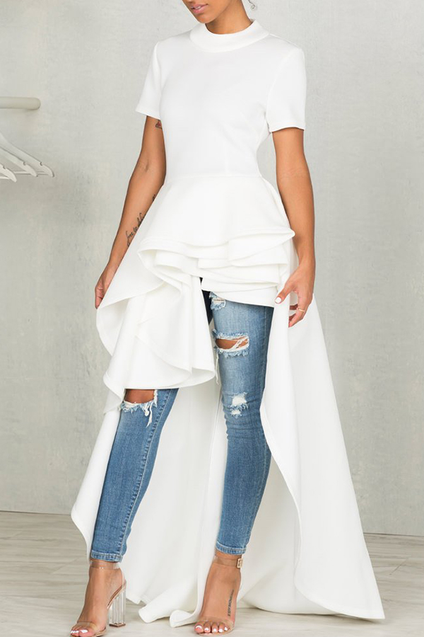  Stylish Mandarin Collar Asymmetrical Falbala Design White Polyester Mid Calf Dress