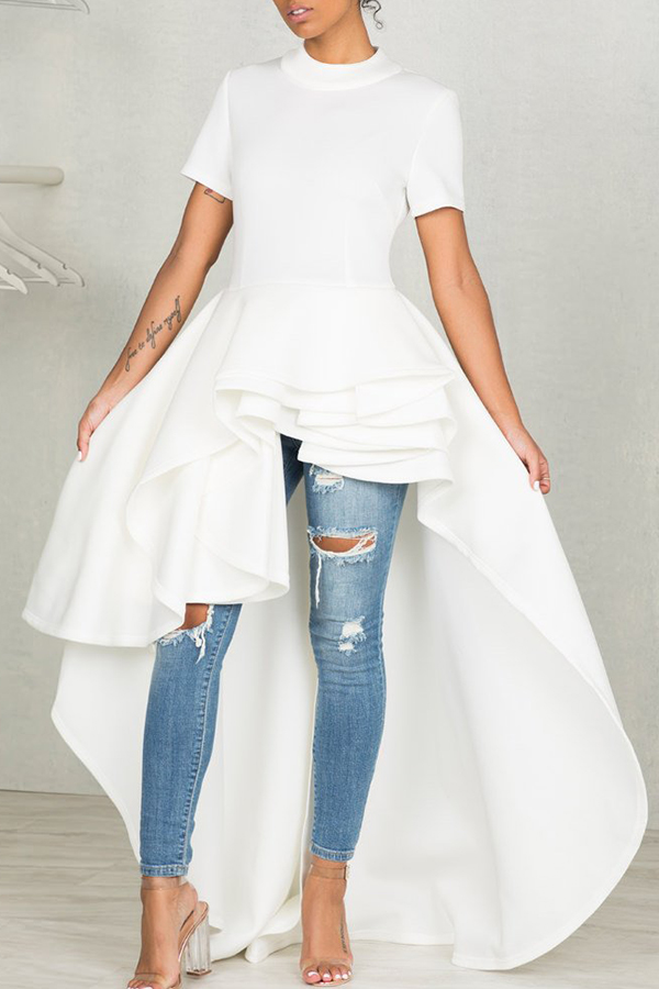  Stylish Mandarin Collar Asymmetrical Falbala Design White Polyester Mid Calf Dress