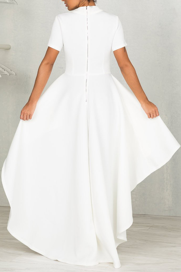  Stylish Mandarin Collar Asymmetrical Falbala Design White Polyester Mid Calf Dress