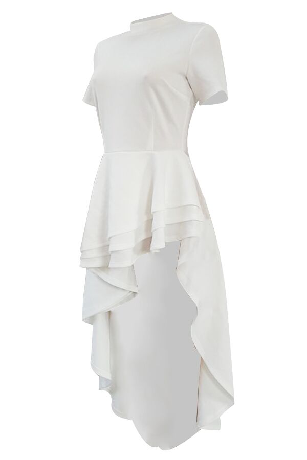  Stylish Mandarin Collar Asymmetrical Falbala Design White Polyester Mid Calf Dress