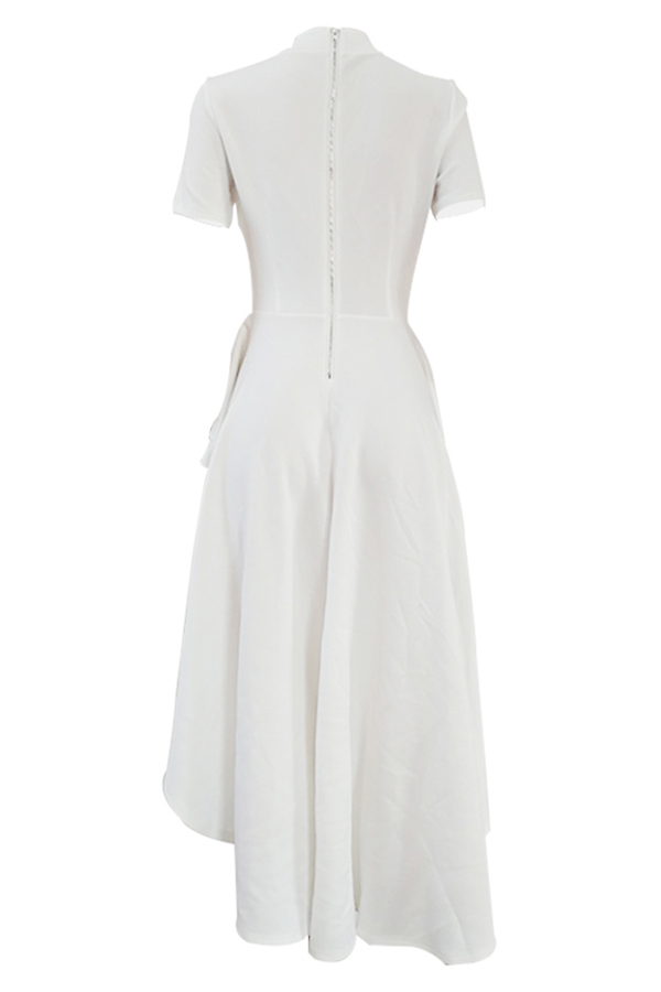 Stylish Mandarin Collar Asymmetrical Falbala Design White Polyester Mid Calf Dress