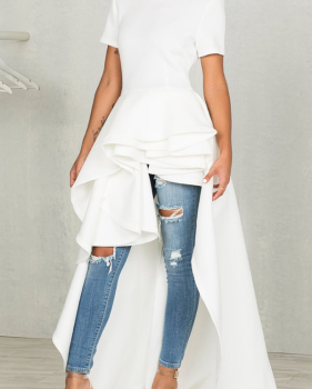  Stylish Mandarin Collar Asymmetrical Falbala Design White Polyester Mid Calf Dress