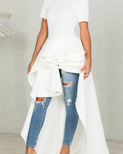 Stylish Mandarin Collar Asymmetrical Falbala Design White Polyester Mid Calf Dress Stylish Mandarin Collar Asymmetrical Falbala Design White Polyester Mid Calf Dress