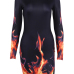  Stylish Round Neck Fire Print Black Polyester Sheath Mini Dress