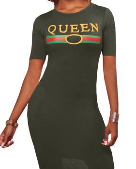  Stylish Round Neck Letters Printed Green Polyester Knee Length Dress