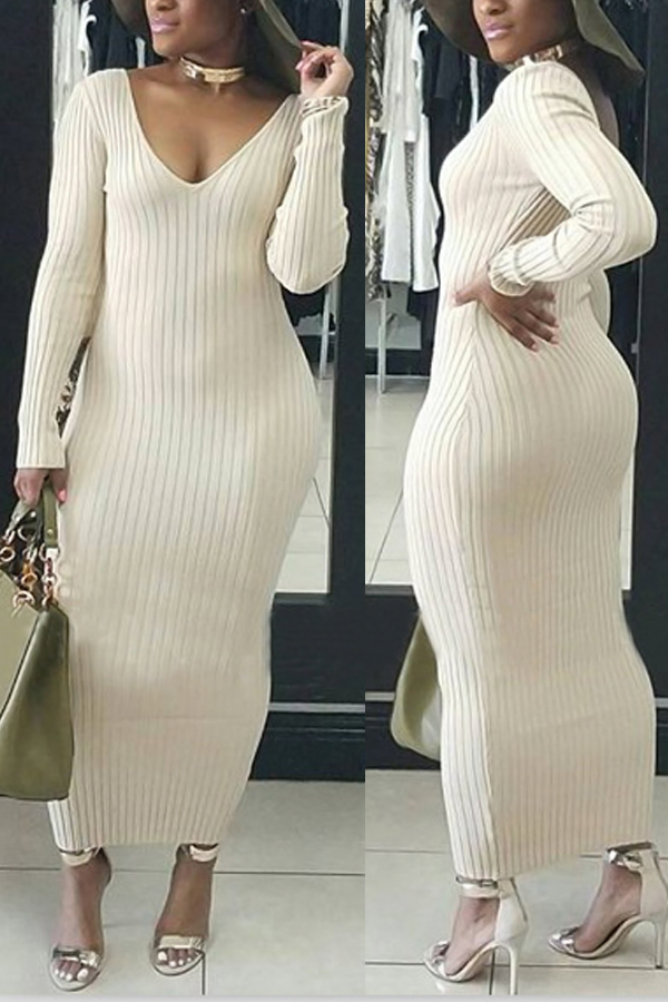  Stylish V Neck White Cotton Blend Sheath Mid Calf Dress