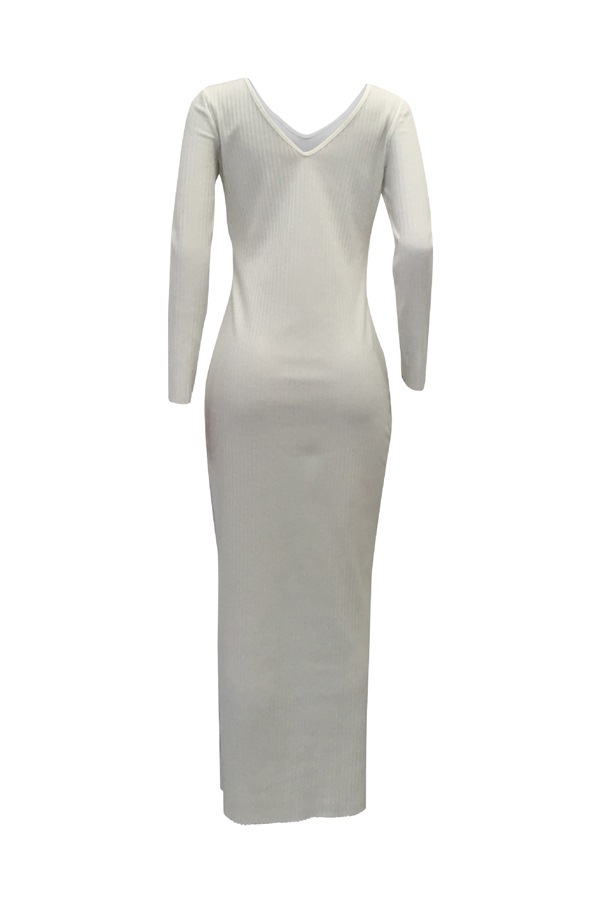  Stylish V Neck White Cotton Blend Sheath Mid Calf Dress