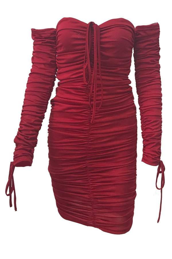  Trendy Dew Shoulder Drape Design Wine Red Polyester Sheath Mini Dress