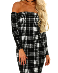  Trendy Dew Shoulder Grid Polyester Sheath Knee Length Dress