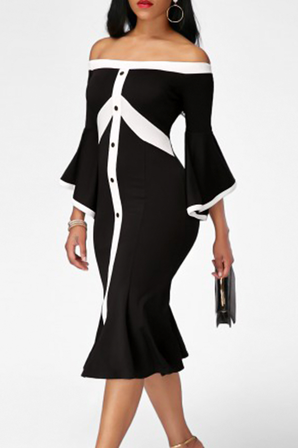  Trendy Dew Shoulder Patchwork Black Knee Length Dress