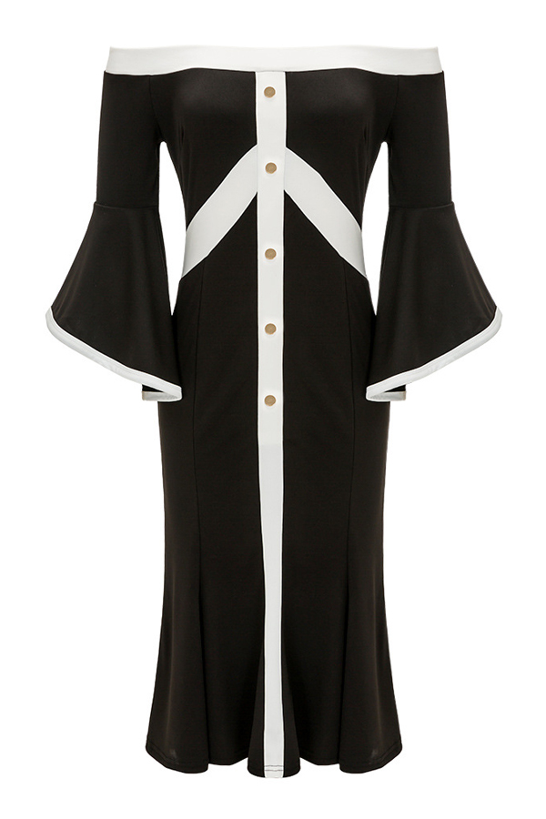  Trendy Dew Shoulder Patchwork Black Knee Length Dress