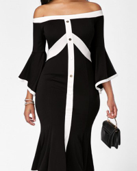  Trendy Dew Shoulder Patchwork Black Knee Length Dress