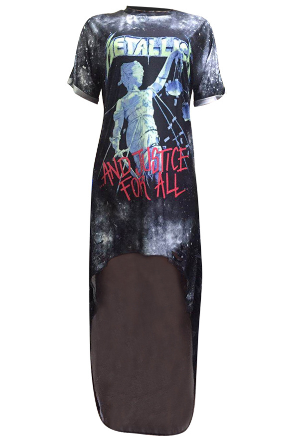  Trendy Printed Asymmetrical Black Milk Fiber Ankle Length Dress