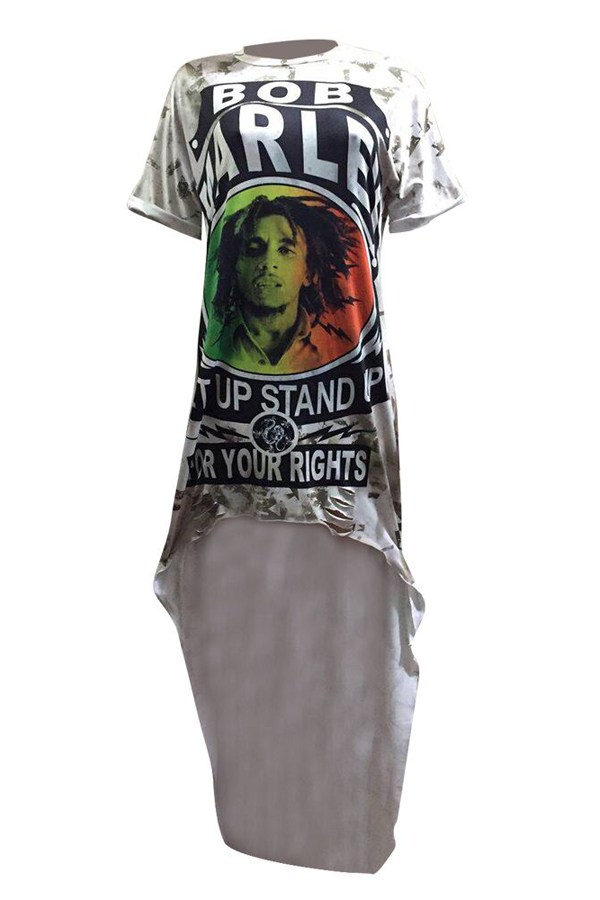  Trendy Printed Asymmetrical Milk Fiber Ankle Length Dress