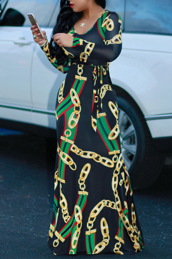  Trendy Round Neck Chain Printed Healthy Fabric Ankle Length Dress