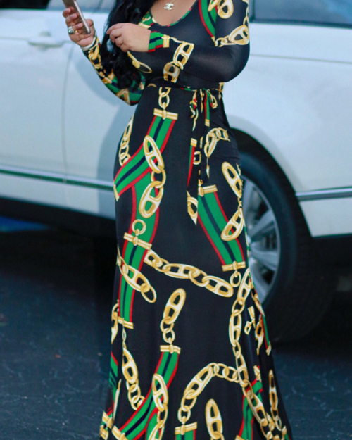 Trendy Round Neck Chain Printed Healthy Fabric Ankle Length Dress Trendy Round Neck Chain Printed Healthy Fabric Ankle Length Dress