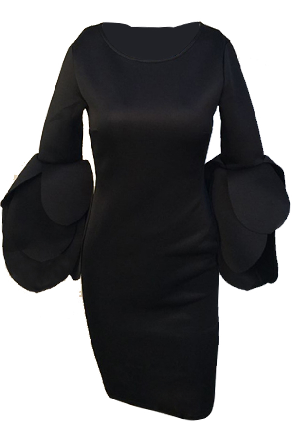  Trendy Round Neck Horn Sleeves Black Cotton Blend Sheath Knee Length Dress