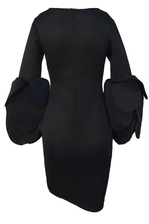  Trendy Round Neck Horn Sleeves Black Cotton Blend Sheath Knee Length Dress