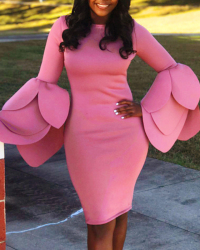  Trendy Round Neck Horn Sleeves Pink Cotton Blend Sheath Knee Length Dress