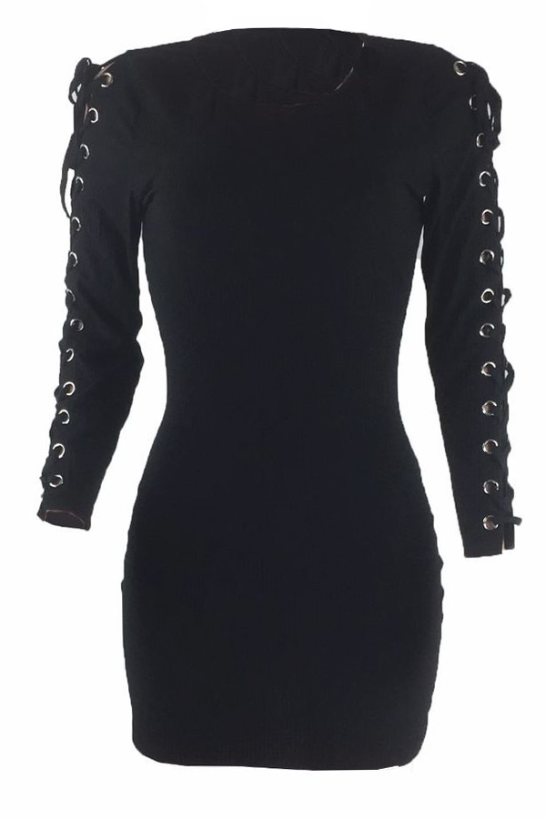  Trendy Round Neck Lace-up Hollow-out Black Cotton Sheath Mini Dress
