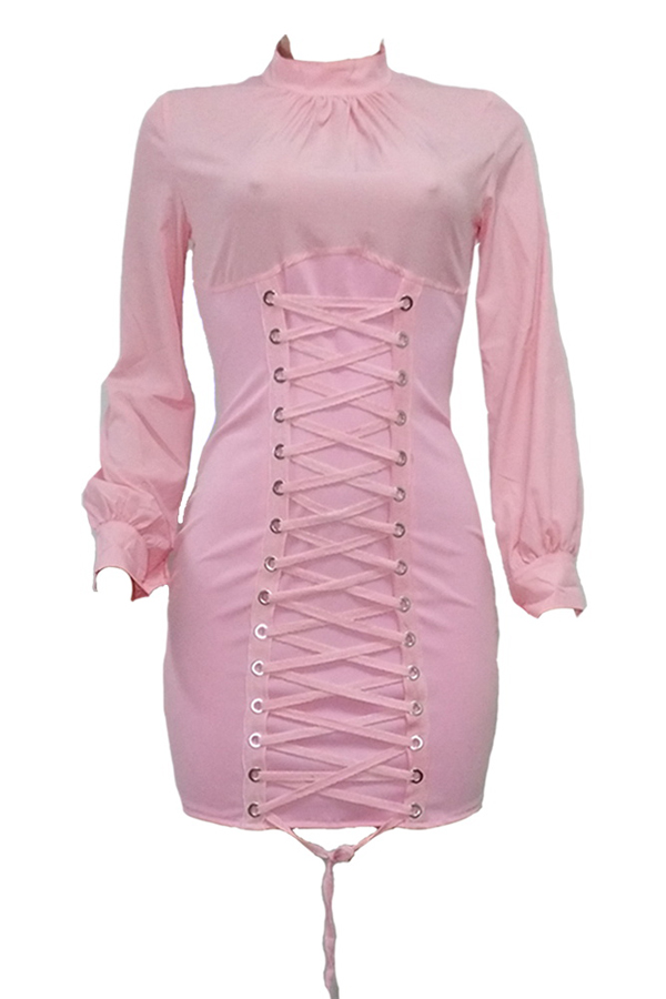  Trendy Round Neck Lace-up Pink Polyester Sheath Mini Dress