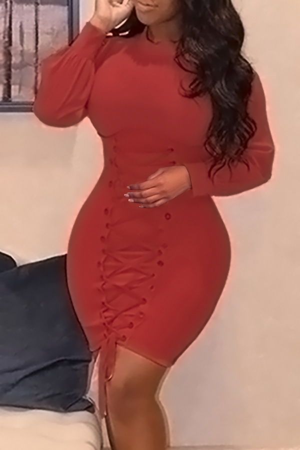  Trendy Round Neck Lace-up Wine Red Polyester Sheath Mini Dress