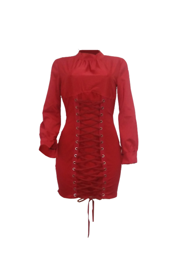  Trendy Round Neck Lace-up Wine Red Polyester Sheath Mini Dress
