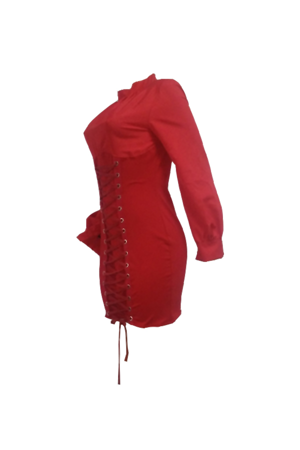  Trendy Round Neck Lace-up Wine Red Polyester Sheath Mini Dress