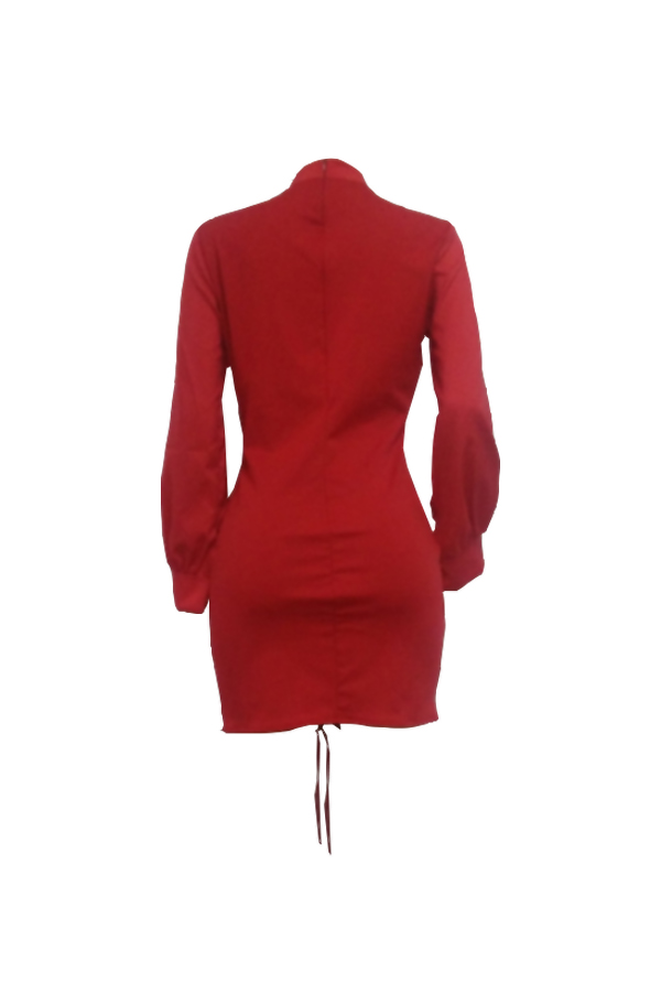  Trendy Round Neck Lace-up Wine Red Polyester Sheath Mini Dress