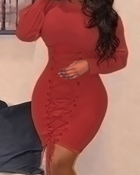  Trendy Round Neck Lace-up Wine Red Polyester Sheath Mini Dress