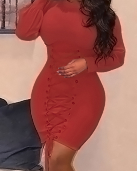  Trendy Round Neck Lace-up Wine Red Polyester Sheath Mini Dress