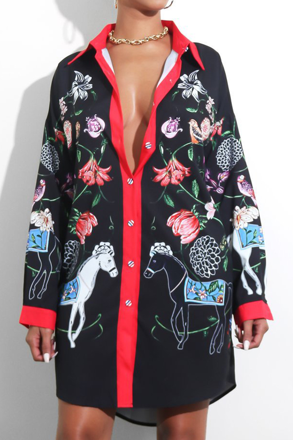  Trendy Turndown Collar Printed Black Polyester Mini Dress