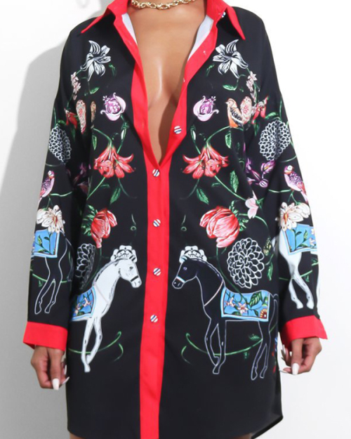 Trendy Turndown Collar Printed Black Polyester Mini Dress Trendy Turndown Collar Printed Black Polyester Mini Dress